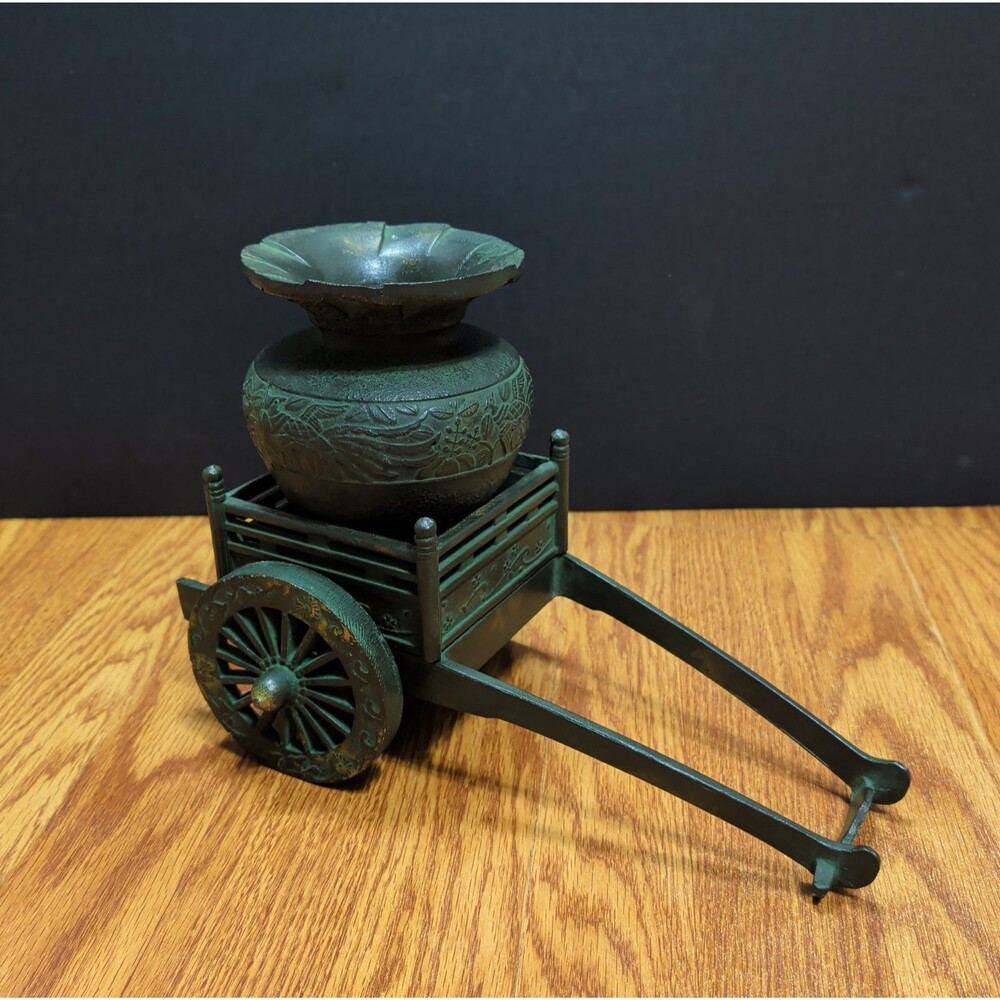 Heavy Cast Iron Japanese Flower Cart And Vase